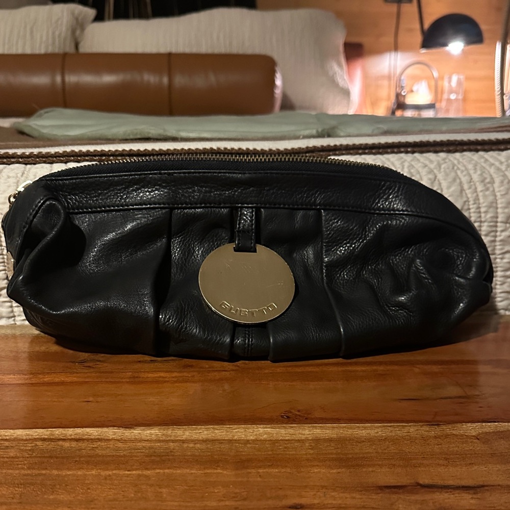 Gustto Black Leather Clutch with Gold Accent